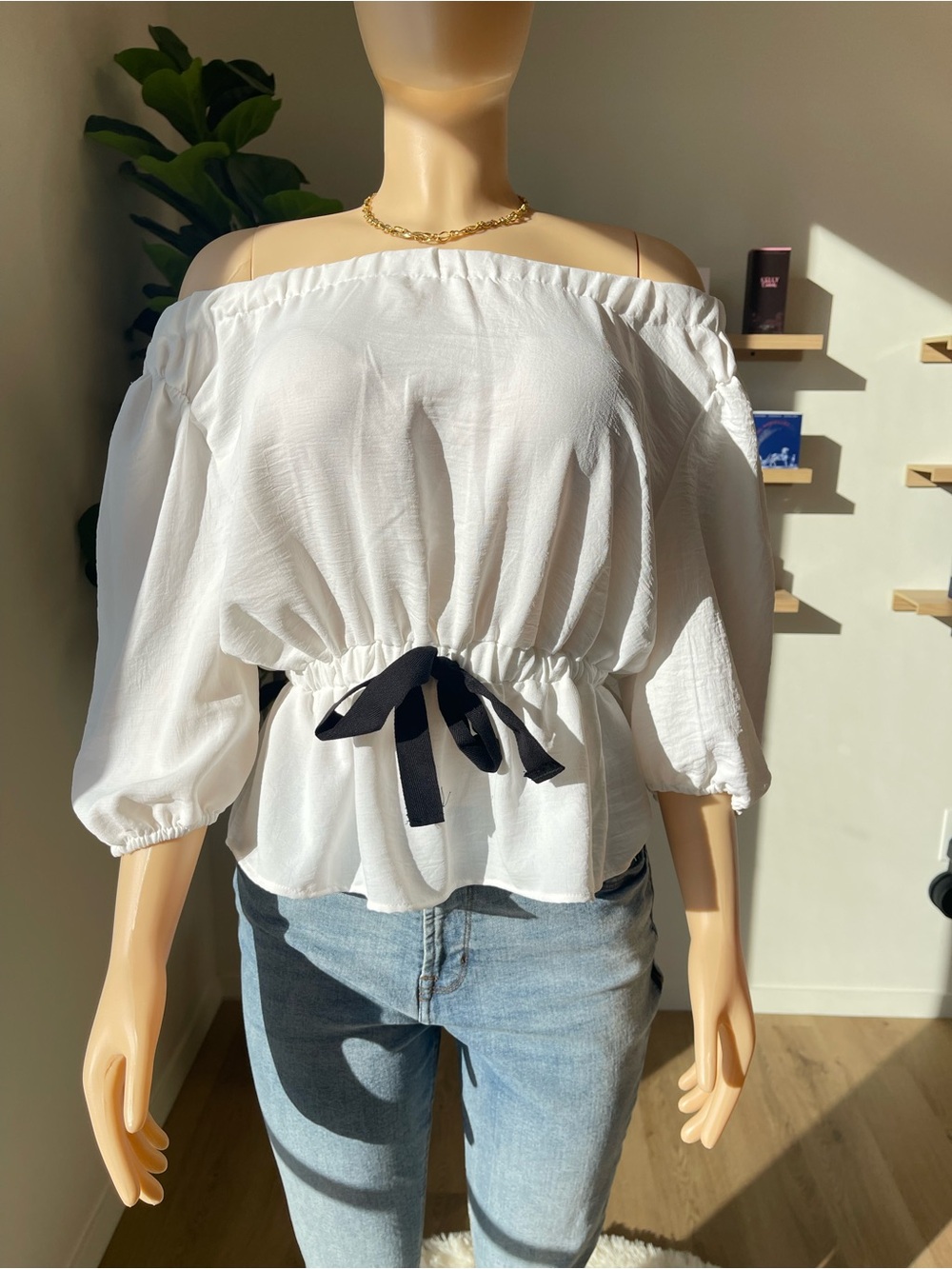 Dual Nature White Off-Shoulder Blouse with Black Tie